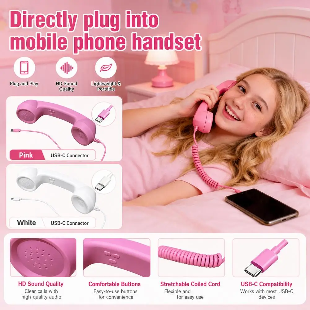 Reimagined Type-C Phone Handset with Microphone - Tangle-Free Telephone Style Receiver