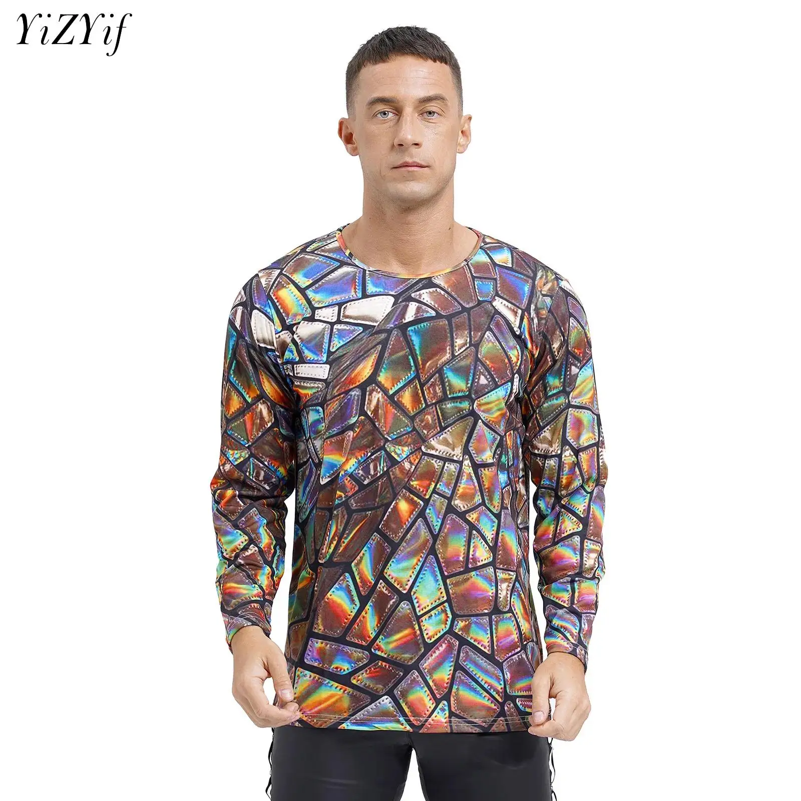 

Mens Metallic Disco T-Shirt Round Neck Tops Short Sleeve Shirt Tees Musical Festive Carnival Costumes for Rave Dancing Party