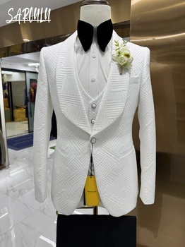 Elegante abito da uomo bianco fantasia giacca gilet pantaloni alla moda 3 pezzi scialle bavero abbigliamento da sposo set moderno personalizzato chic