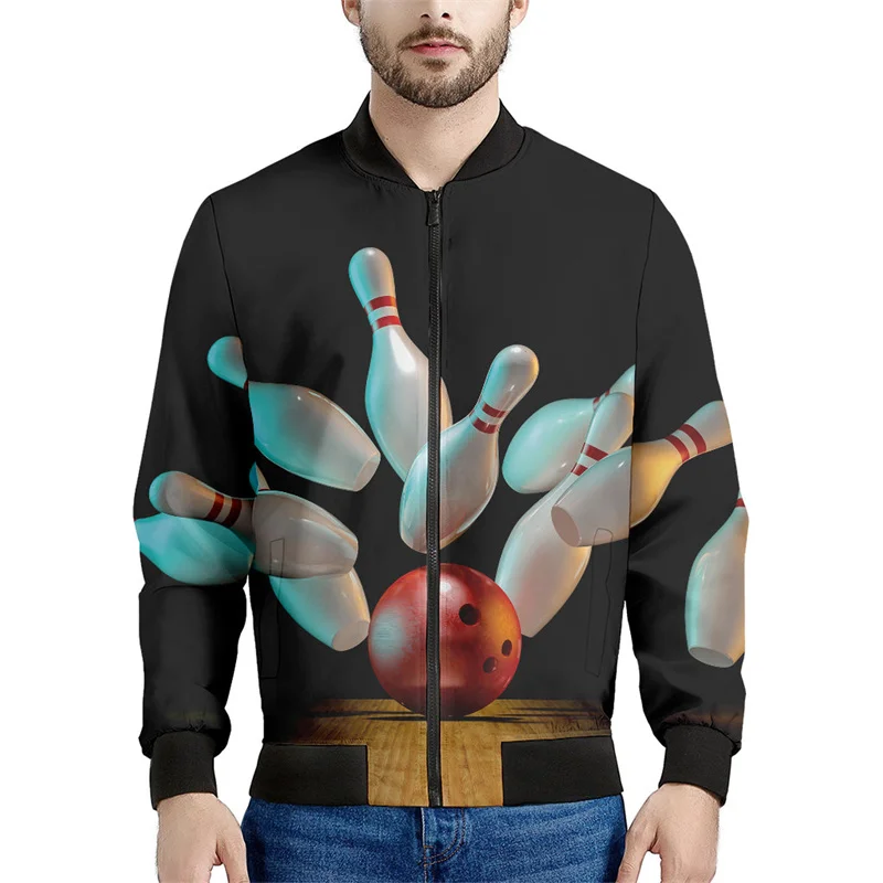 thumbnail image 1 of Chaquetas con estampado 3D de bolos para hombre, sudadera holgada deportiva de moda para primavera y otoño, chaqueta bomber informal con cremallera para la calle, 1 of 4