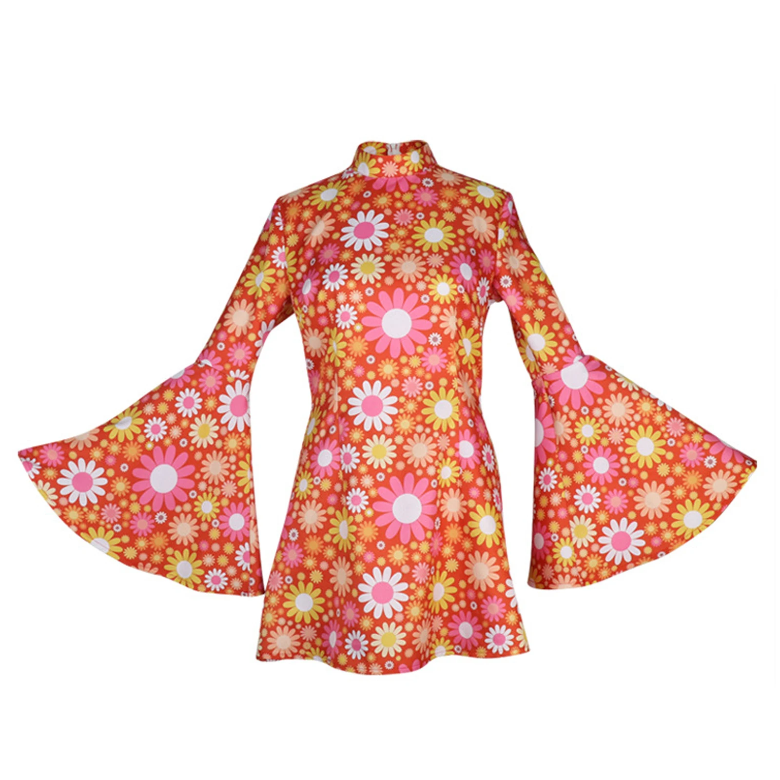 שמלת היפי נשים רטרו גרובי פרחונית מודפסת תחפושת 60s 70s 80s שמלת דיסקו להלווין