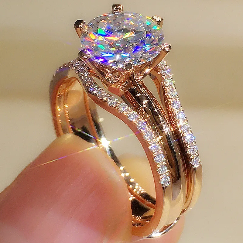 Huitan Luxury Rose Gold Color Cubic Zirconia Rings for Women Aesthetic Wedding Engagement Bands Accessories New Trendy Jewelry