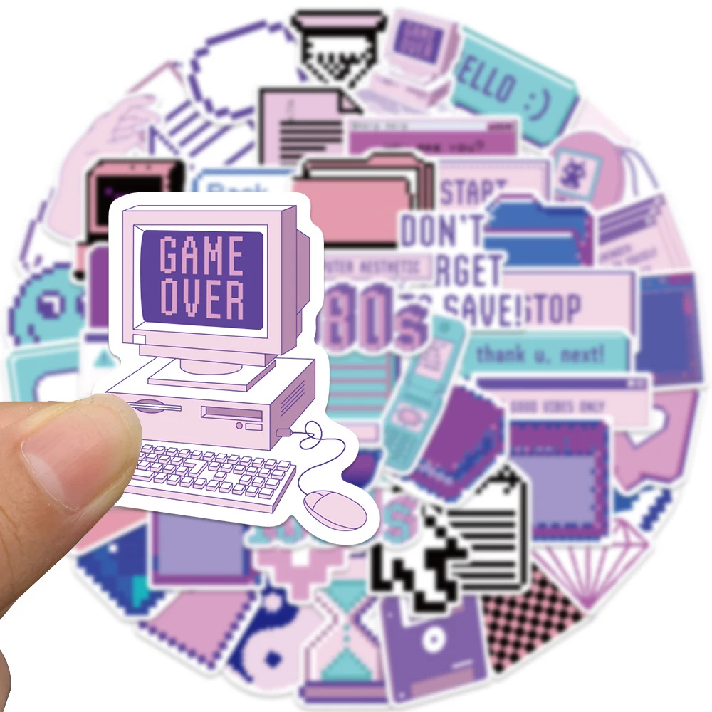 

10/30/53PCS Cute Purple Pixel Cartoon Stickers Aesthetic DIY Luggage Laptop Car Phone PVC Waterproof Toy Sticker for Kids Girls