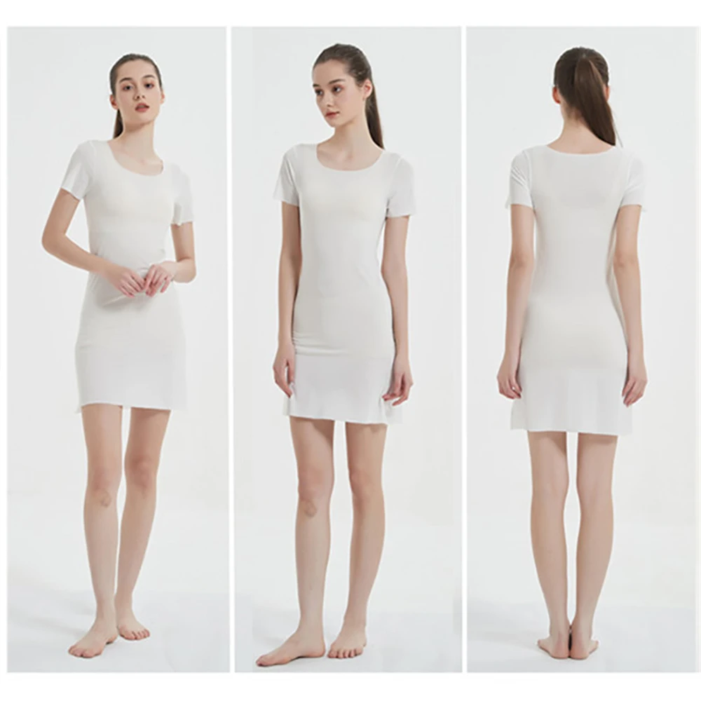 summer sexy Seamless Ice Silk Full Slips Dresses For Women Thin Short Sleeve Mini Cool Petticoat Underkirt Sleepwear Dress