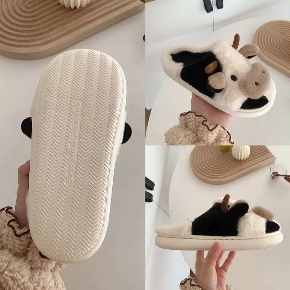 Lifun Cute Furry Slippers For Women Girls Winter Fashion Milk Cow Fluffy Cotton Shoes For Indoor Home Cartoon Animal Warm Slides