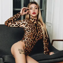 

Sexy Leopard Printed Bodycon Bodysuits Spring Women Long Sleeve Mock Neck Skinny Bodysuit Shorts Jumpsuits jumpsuits for women
