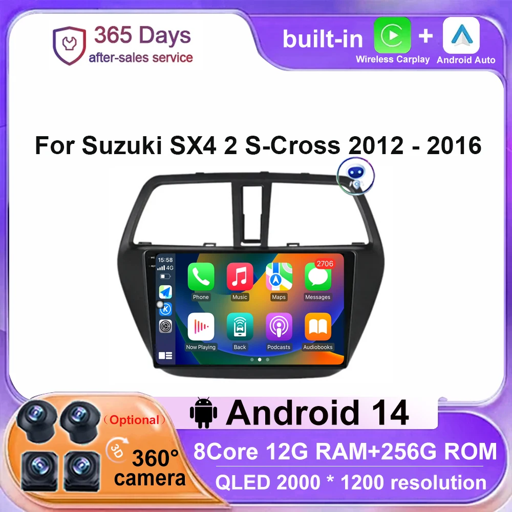 

For Suzuki SX4 2 S-Cross 2012 - 2016 Android 14 Car Radio Multimedia Video Player Navigaion Stereo Carplay Auto QLED BT RDS GPS