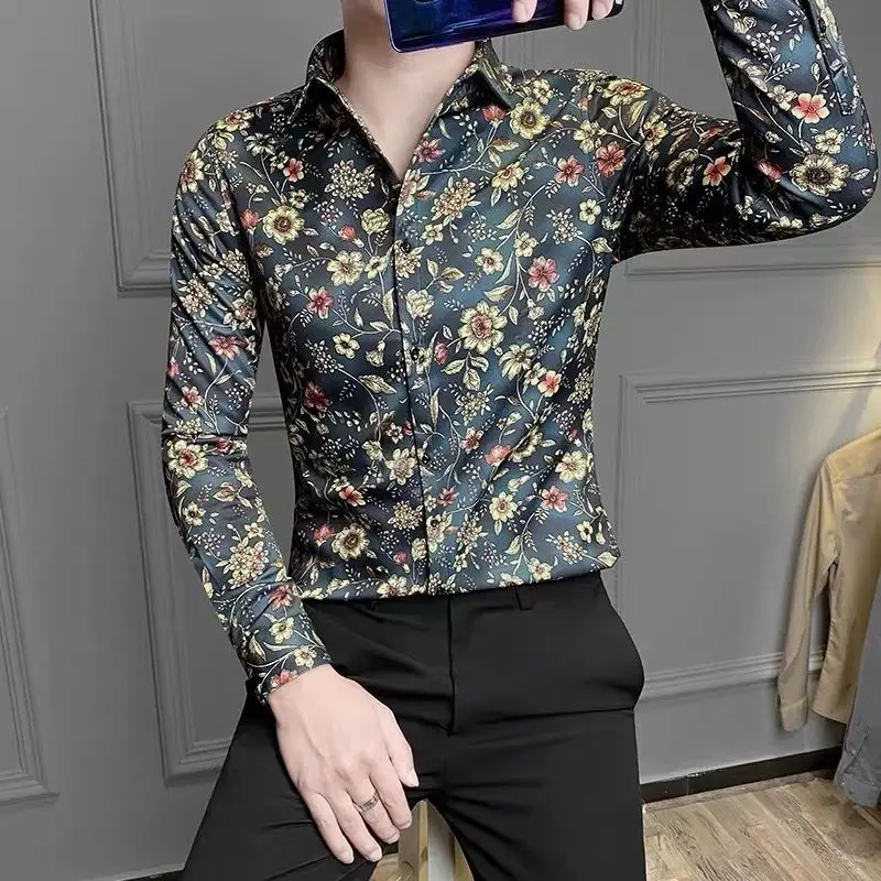 New Men Floral Shirt Long Sleeved Lightweight Korean Version Fashionable Youth Minimalist Design Printed Button Travel Shirt Top