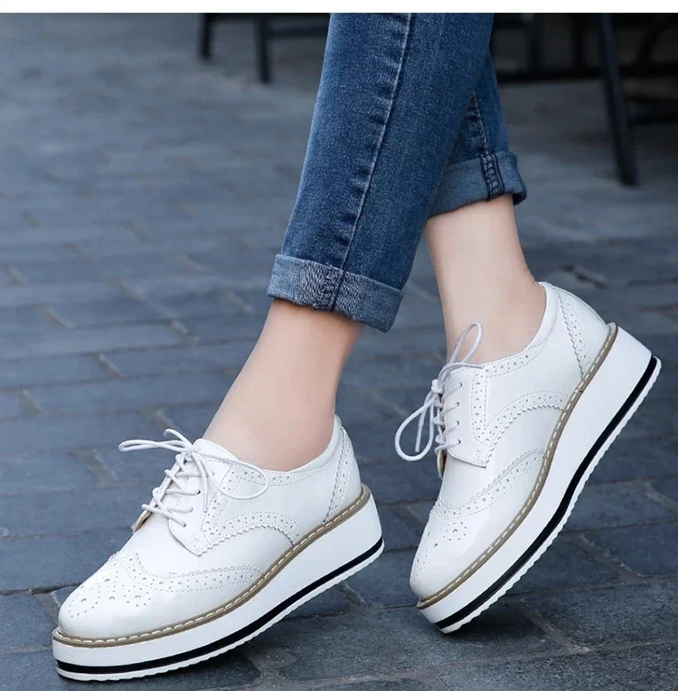 Genuine Leather Shoes Women Flats Oxford Lace Up Striped Platform White Black Fashion Vintage Platform Brogue Shoes Woman 5