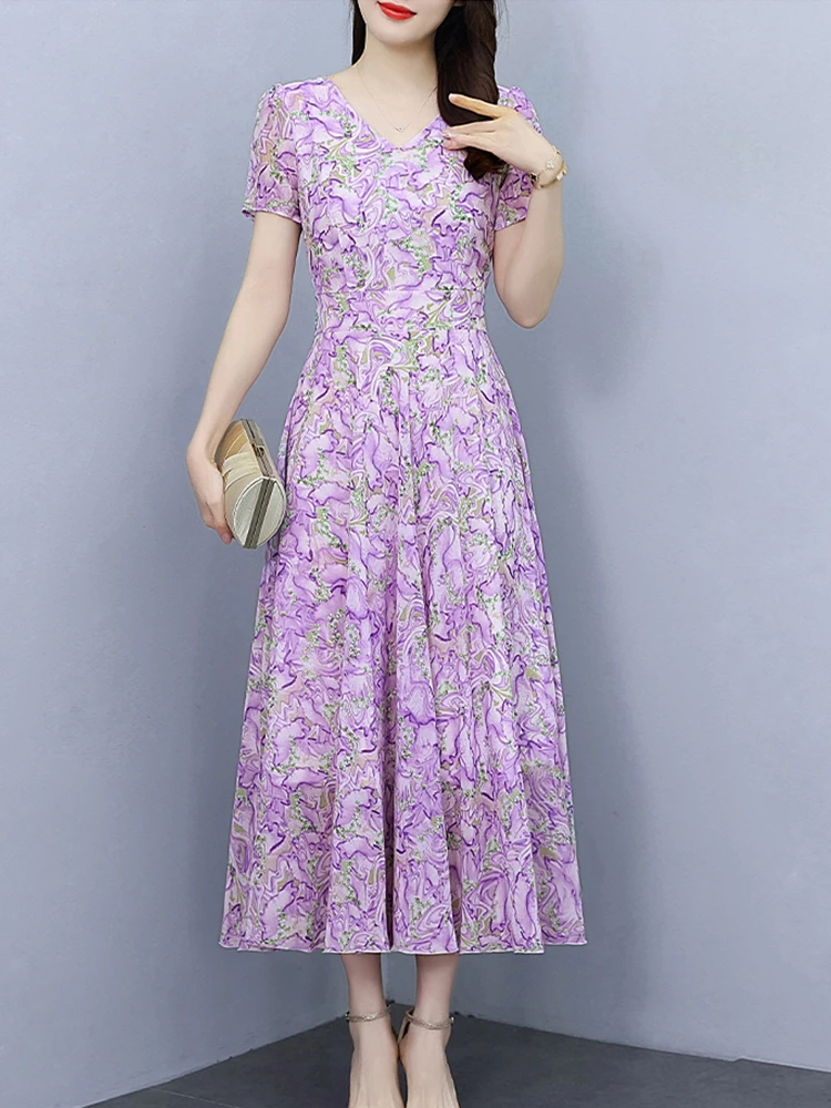 

Chiffon Midi Dress Floral Women Purple Casual Summer Elegant Bodycon Party Beach Long Prom Tunics Evening Dresses Fashion 2024