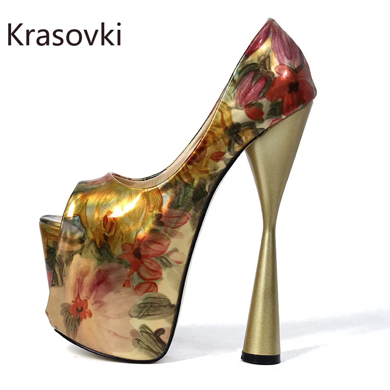 

Krasovki 19cm PU Microfiber Leather Print Mixed Color Sandals Platform Dancing Elagance Peep Toe Summer Women Big Size Shoes