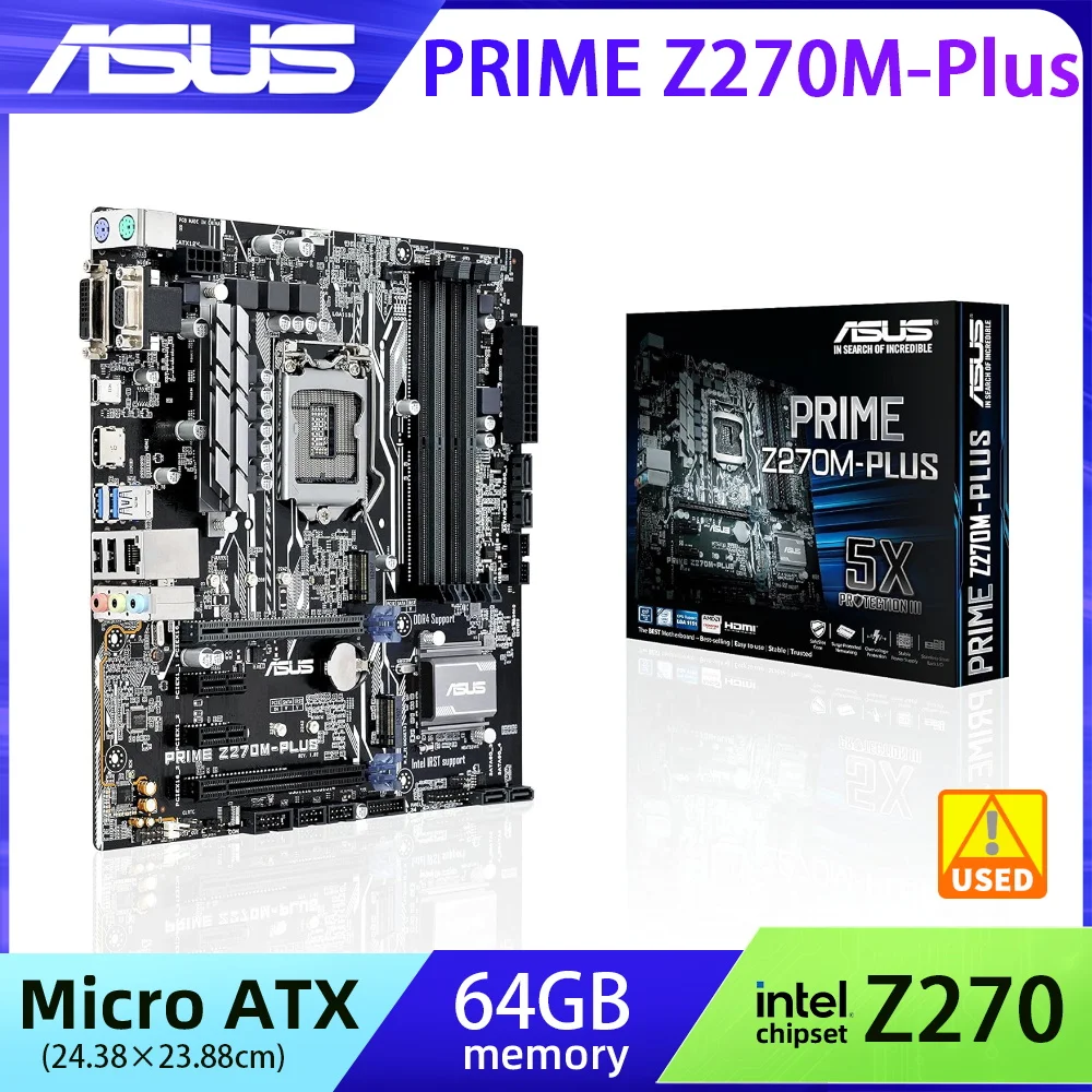 LGA 1151 마더보드 ASUS 프라임 Z270M-PLUS 박스 DDR4 지지대 코어 i3 i5 i7 CPU, 인텔 Z270 64GB M.2 PCI-E 3.0 DVI HDMI USB3.0 