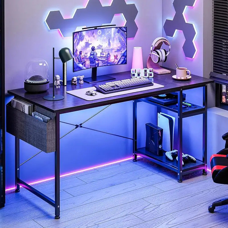 مكتب كمبيوتر للألعاب مع حقيبة تخزين ورفين وحامل وح...