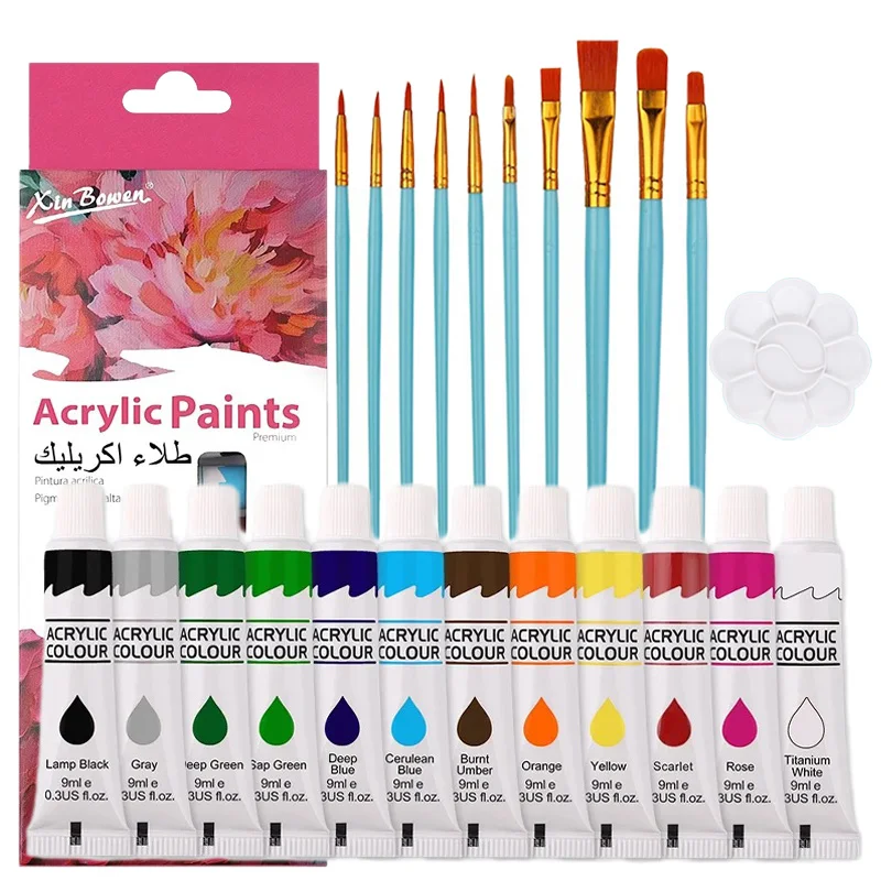 12 Colors Acrylic Paints & Oil Paint with Brush&Palette 9/12ml Pigment Drawing Set Art Supplies for Artist Beginners 3
