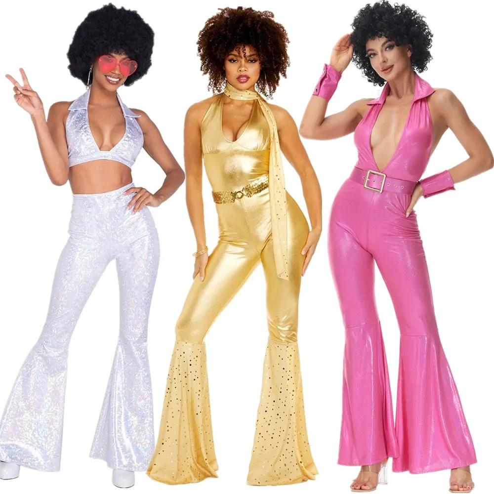 

Woman Sexy 70s 80s Hippie Costume Carnival Halloween Party Vintage Rock Disco Fancy Dress Up Hippie Cosplay Jumpsuit