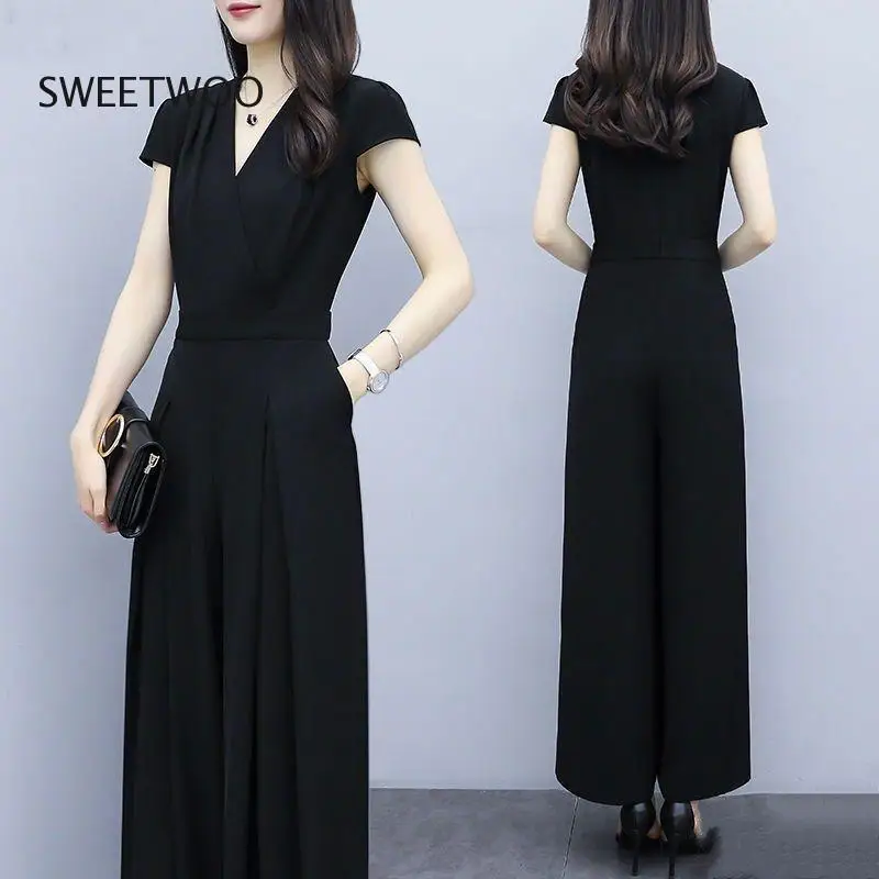 Fashion Casual Jumpsuit V-Neck Women Elegance 2022 Summer New Print Bodysuit High Waist Wide Leg Pants Ladies Playsuit Romper