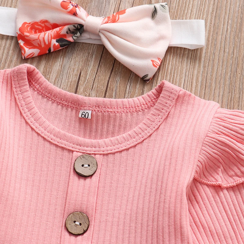 Newborn Baby Girl Clothes Set Solid Knitting Long Sleeve Tops Floral Print Pants Headband 3Pcs Outfits Casual Infant Clothing 3