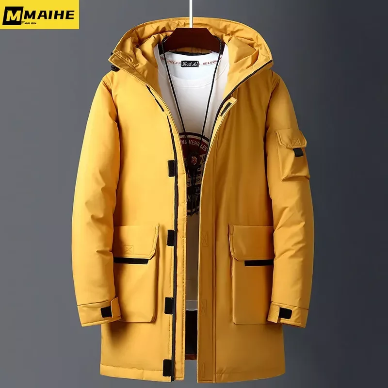 2023 New Winter Jackets Men White Duck Warm Hooded Long Down Jackets Autumn Casual Top Parka Male Black Fluffy Coat Beige Yellow