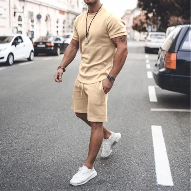 Solid Color Europe And The United States Men's 13 Color Summer New Short Sleeve Tshirt +Shorts 2pcs set Leisure Sports Men Suit 3
