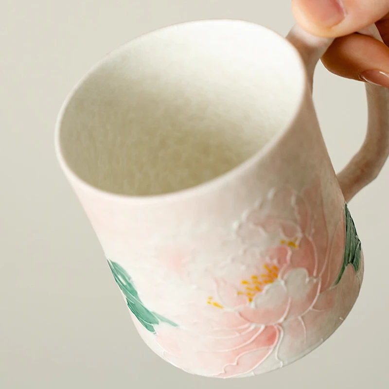 Chinese Style Ceramic Cute Mug Home Personal Office Creative With lid Light Pink Peony Pattern Milk Water Coffee Cup, 190ml, 1Pc