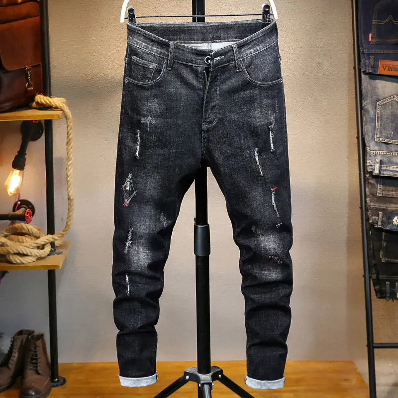 Autumn Winter Men's Korean Slim Pencil Jeans 2023 New Trend Fashionable Mid Waist Button Casual Denim Trousers Male Clothes