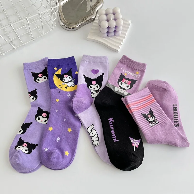 

Sanrio Kuromi Girls Socks Kawaii Little Witch Stockings Purple Combed Cotton Mid-tube Socks