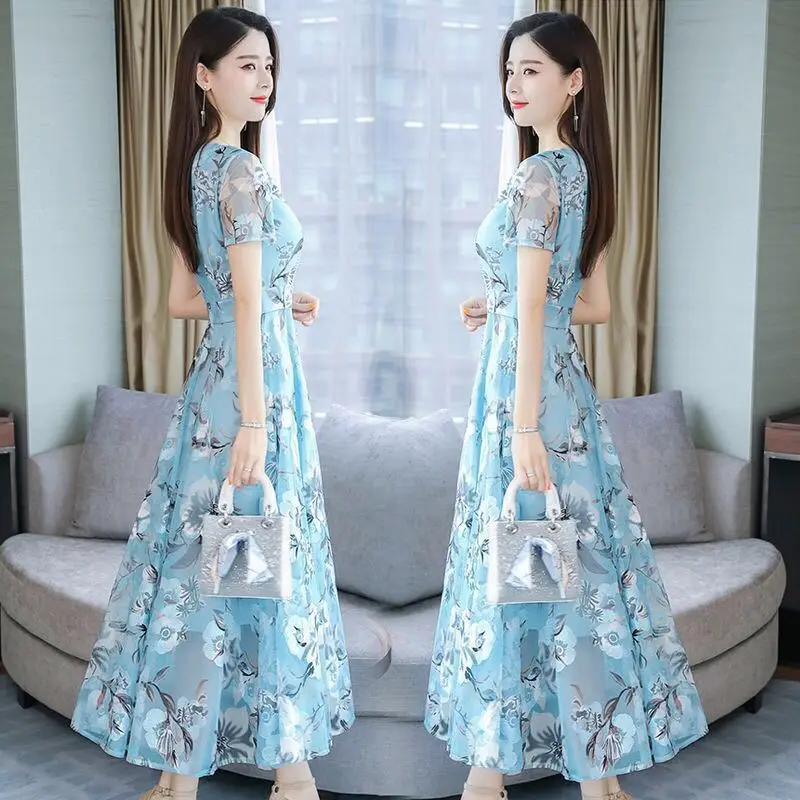 

Women floral Chiffon Summer Dress Flower Dress 2024 trends new in Ladies Elegant V Neck short Sleeve korean style Female Clothes