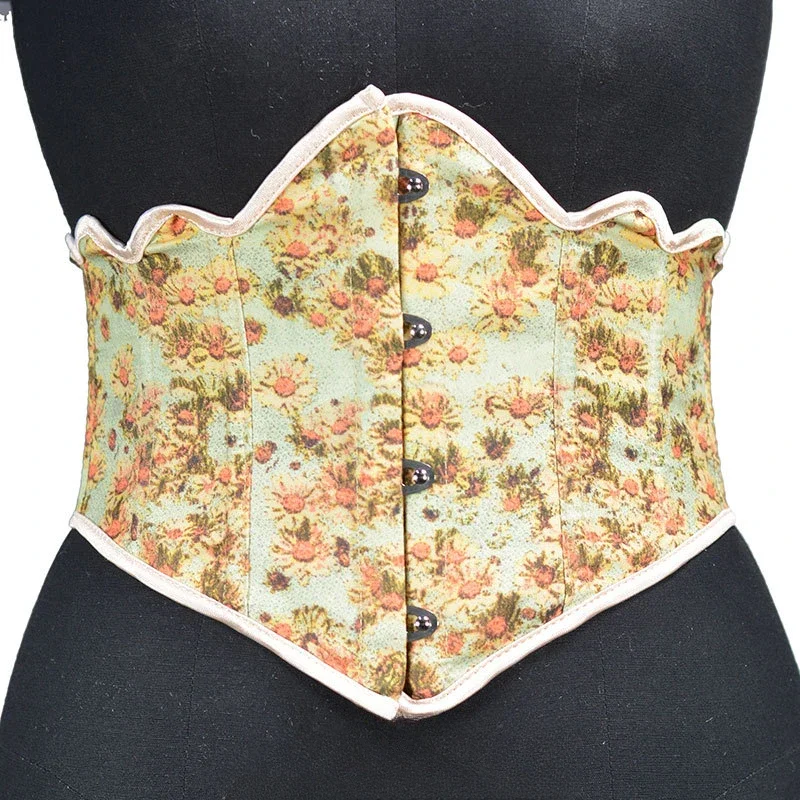 

Short Style 4-button Small Floral Printed Design Waist Clips on Both Sides and A Fixed Waistband with Straps Women Body Shaper