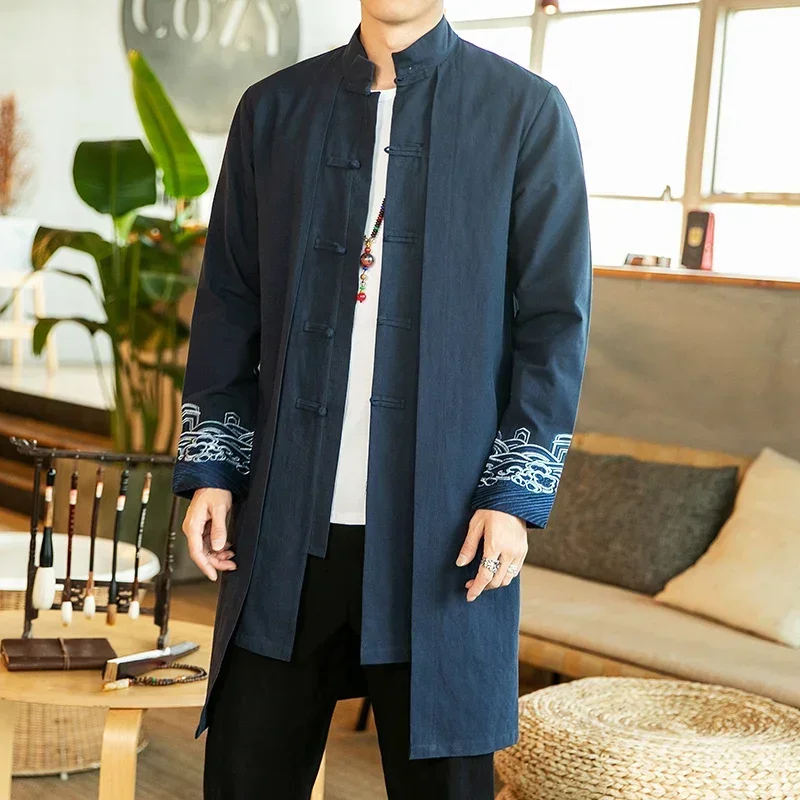 Streetwear Thin Tang Suit Coat Men Mens Linen Jacket Black Long Coat Male Hanfu Chinese Style Robe Harujuku Wind Breaker