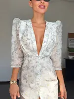 Robe Imprimée Élégante pour Femme, Col en V Profond, Manches Mi-Longues, Taille Cintrée, Plissée, Collection Été 2026, Idéale pour les Fêtes et Vacances 5