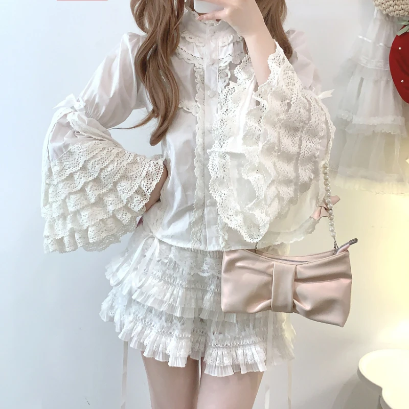 

Japanese Gothic Lolita Style Shirts Women Victorian Vintage Lace Bow Long Sleeves Blouse Female Elegant Ruffles Collar Slim Tops