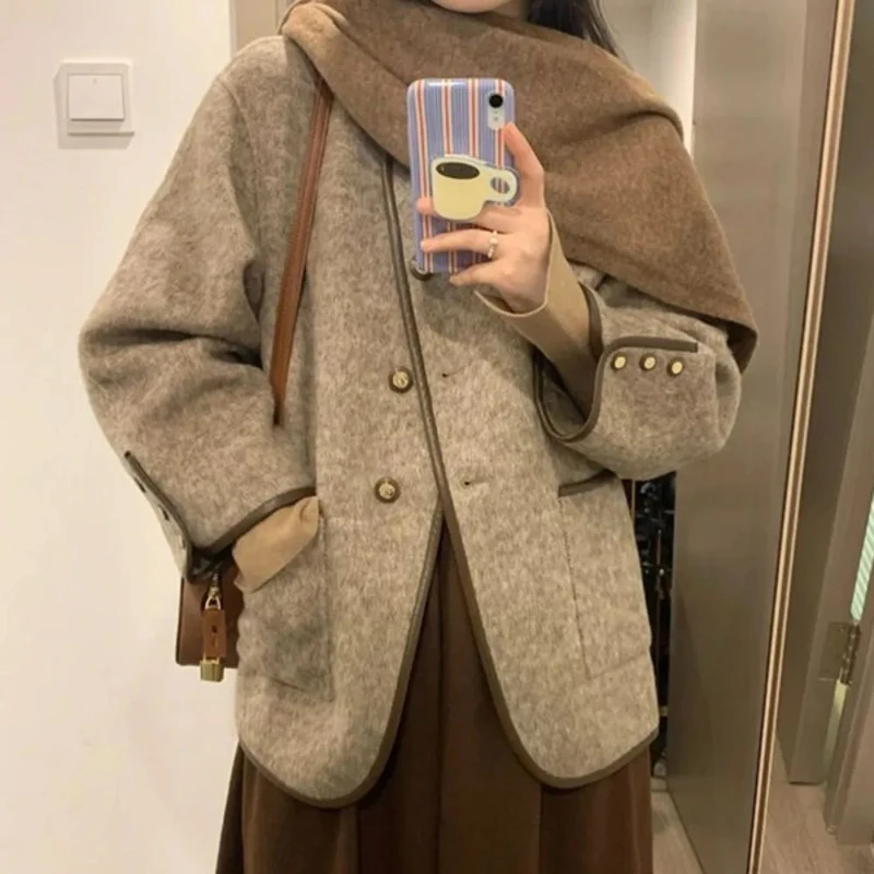 Wool Blend Coat for Women Short Plain Half Long Sleeve Elegant Mixtures Jacket Woman Fashion 2025 Winter Clothes Single Cheap - 6