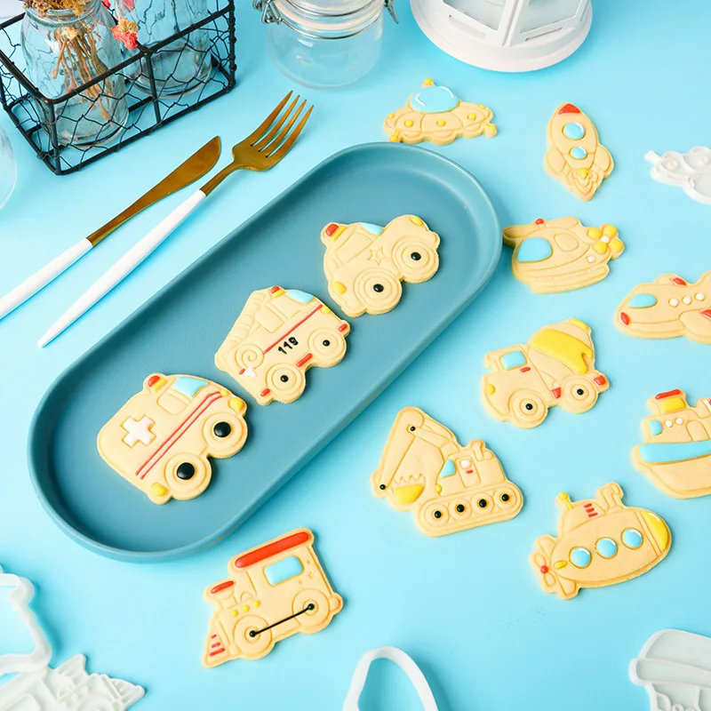 Cartoon Police Car Helicopter Cookie Cutter Children DIY Traffic Car Ambulances Ship Fondant Biscuit Mold Cake Decoration Tools