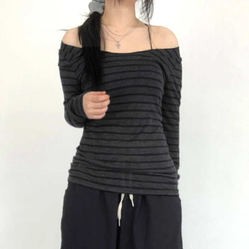 Lamuusaa Grunge Top y2k Clothes Women Cybercore Striped Off Shoulder Long Sleeve T Shirt 2000s Gothic Clothing Fall Streetwear 3