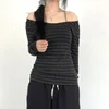 Lamuusaa Grunge Top y2k Clothes Women Cybercore Striped Off Shoulder Long Sleeve T Shirt 2000s Gothic Clothing Fall Streetwear 3