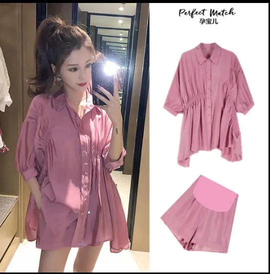 Maternity Summer Clothing Suits Solid Color Turn-Down Collar Shirts + Belly Shorts Twinset Loose Pregnant Woman Clothes Set Casual women maternity sets