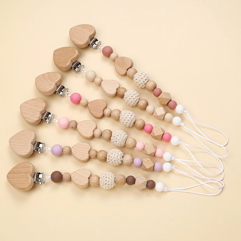 Handmade Heart Wooden Pacifier Clip Silicone Beads Natural Beech Wood Baby Shower Gift