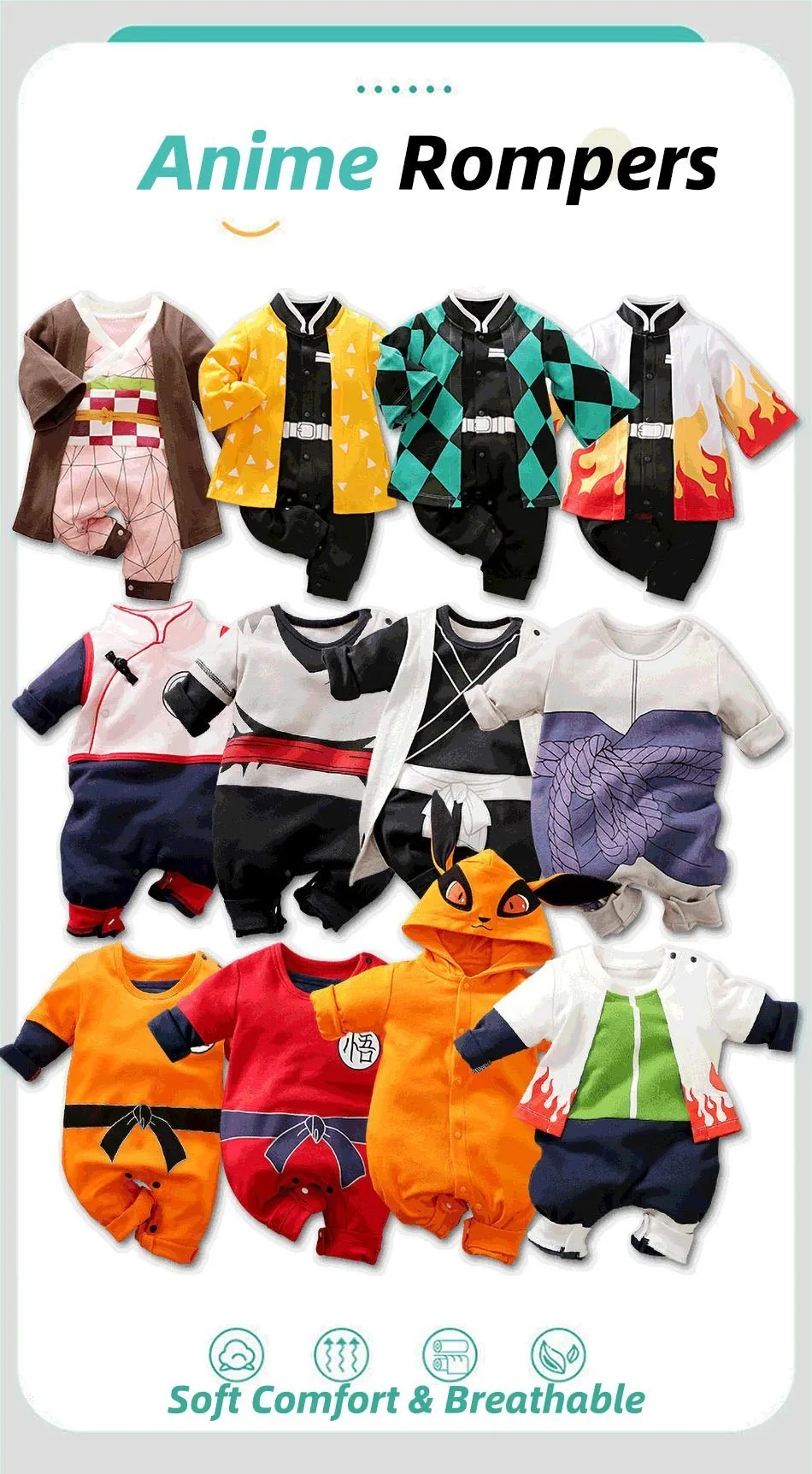 Anime Baby Rompers Newborn Cosplay Costume Infant Akatsuki Frieza Vegeta Luffy Tanjirou Cotton Clothes Boys Girls Kids Outfit Baby Bodysuits made from viscose 