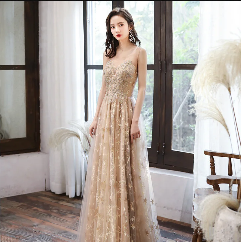 

Women's Champagne Evening Dress Summer New Temperament Birthday Star Embroidery Slim Bridesmaid Dress Long Banquet Prom Gowns
