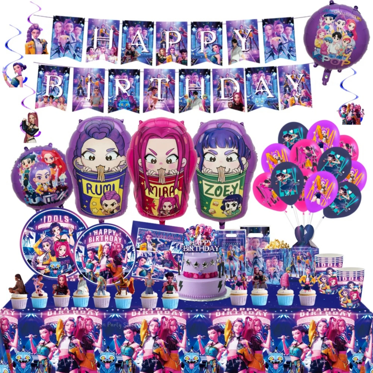 Anime KPop Demon Hunters Birthday Party Supplies Cartoon Balloon Cup Plate Napkins Tablecloth Banner Kids Gift Favor Decor
