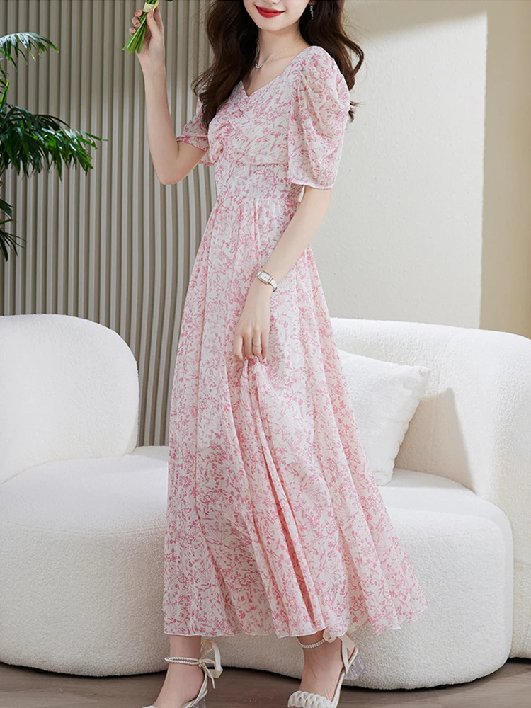Chiffon Floral Women Long Night Dress Summer 2023 New Beach