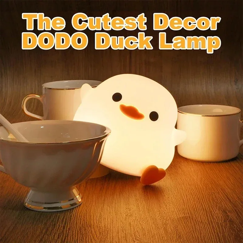 Cute Duck LED Night Light - Food-Grade Silicone Touch Sensor Lamp with Timer & USB Charging, Bedtime Companion for Kids' Rooms
