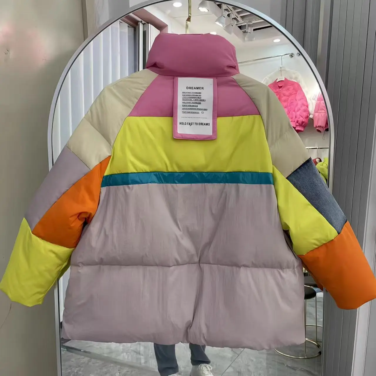 Color Blocking Splicing Stand Ap Collar Down Jacket, Loose Large Pocket White Duck Down Bread Jacket, European Winter Hot Sellin