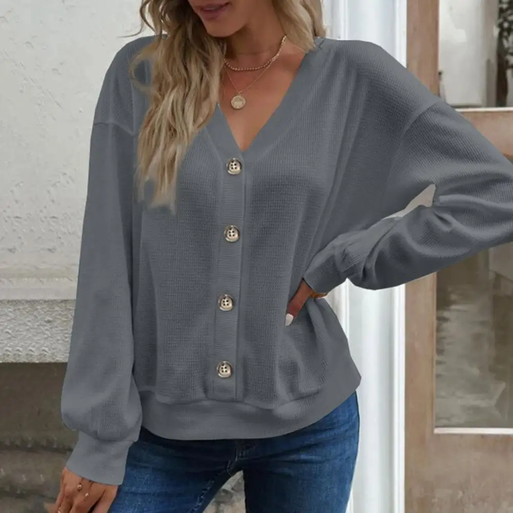 

Women Solid Color Top Chic Cozy Women's Waffle Texture V-neck Blouses for Autumn Winter Loose Fit Single Breasted Solid Color