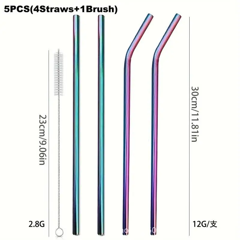 Eco-Friendly Colorful Reusable Stainless Steel Drinking Straws, 4-Pack - 30cm for Cocktails & Smoothies