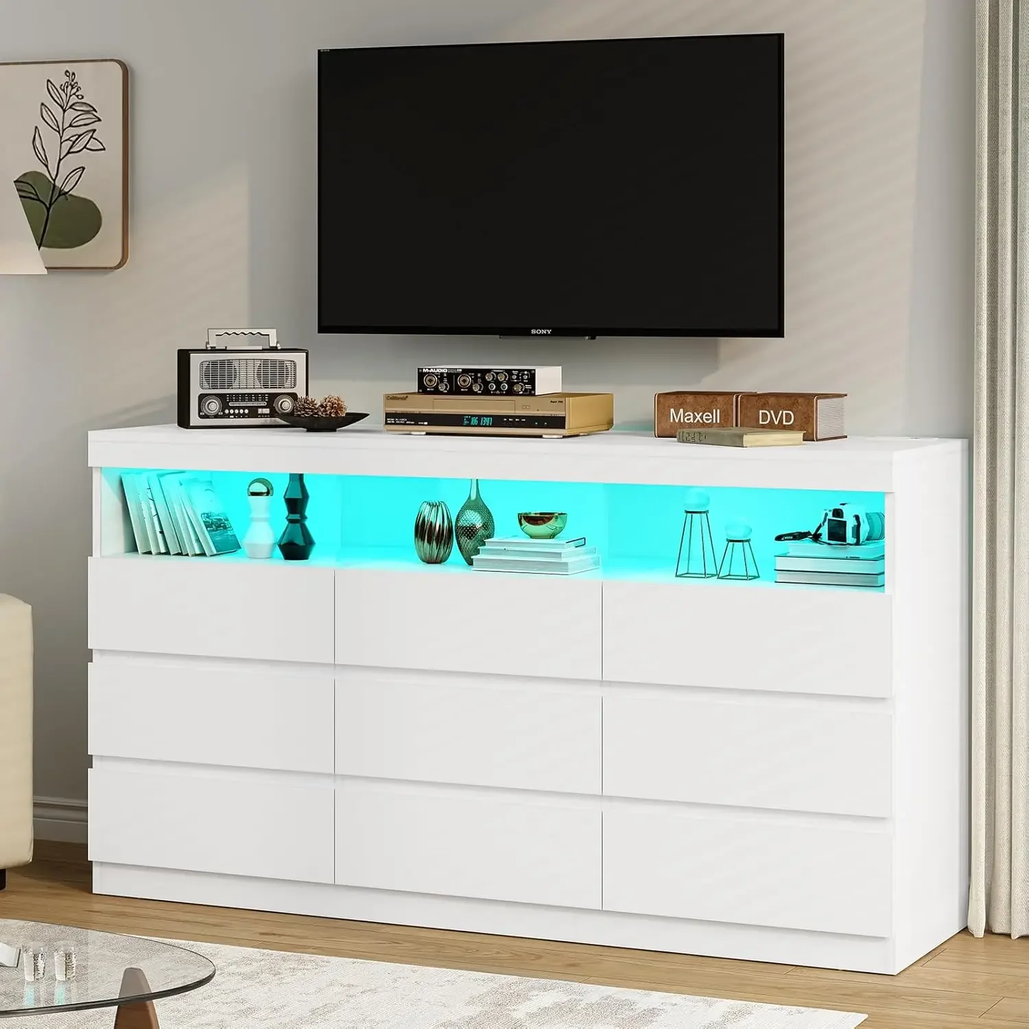 9 Drawer Dresser for Bedroom with LED Lights, Large Chest of Drawers Handle Free, Modern long Dressers with Charging Station 6