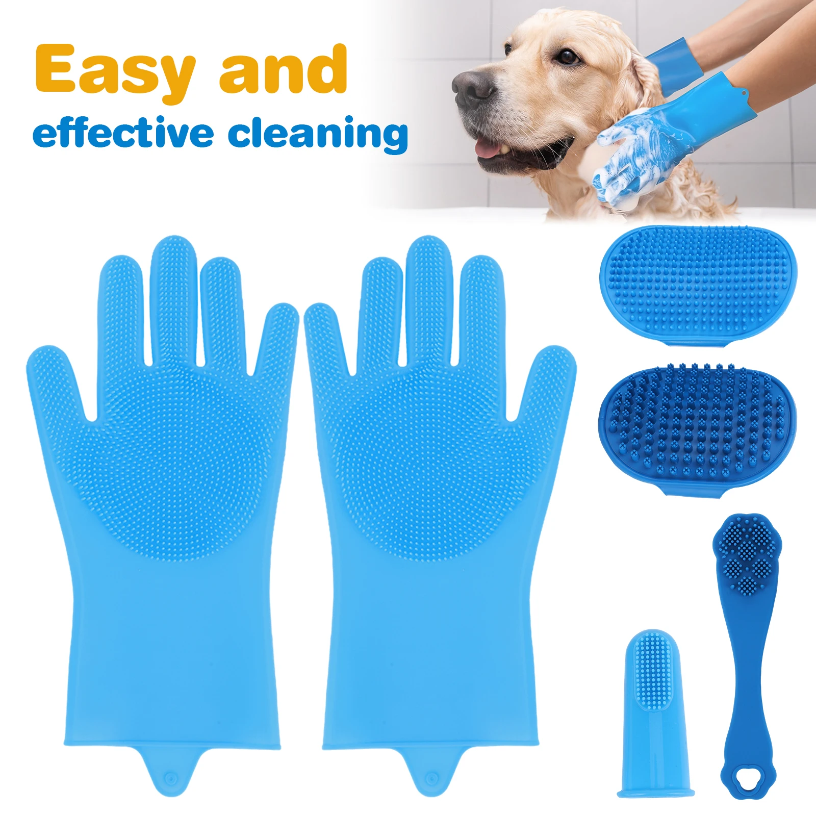 6PCS Pet Grooming Kit Silicone Dog Washing Gloves Dog Toothbrush Finger Dog Bath Gloves for Dog Cat Bathing Massaging & Grooming
