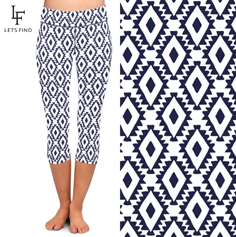 LETSFIND Fashion 3D Diamond Lattice Print Women Capri Leggings High Waist Soft Fitness Elastic Mid-Calf Leggings
