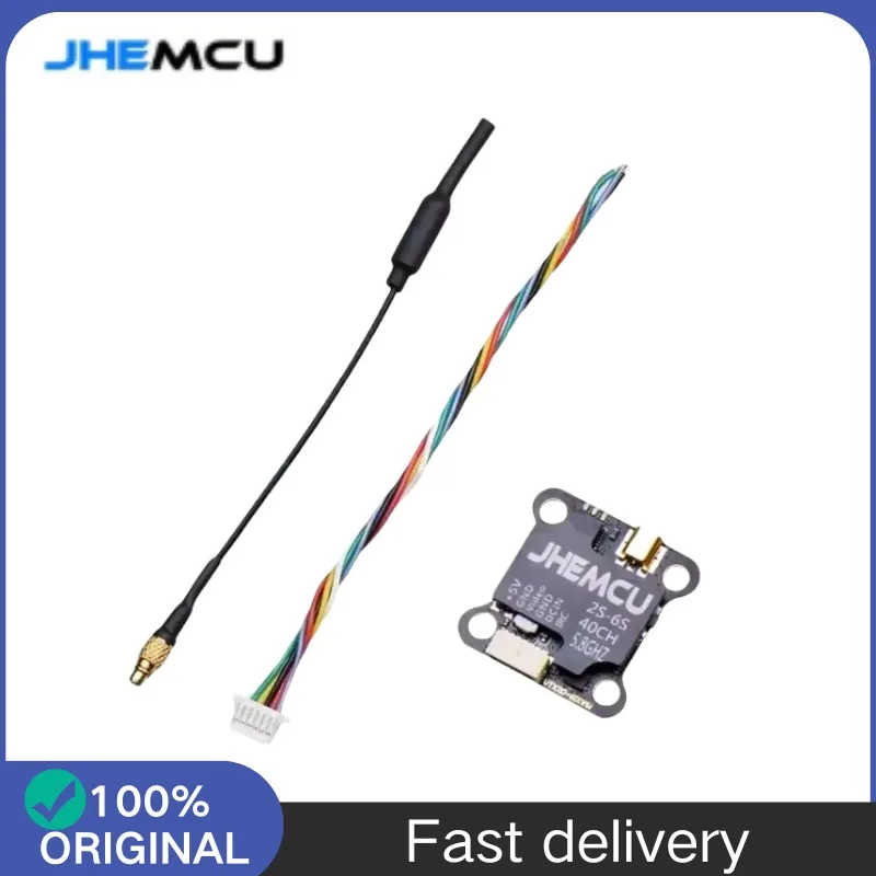 Émetteur VTX20-600 40CH 600mW pour FPV drone, connecté à une antenne et un câble d'alimentation.