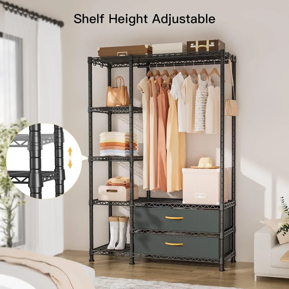 Freestanding Closet Organizer with Open Shelves & 2 Drawers Bedroom Garment  Rack 